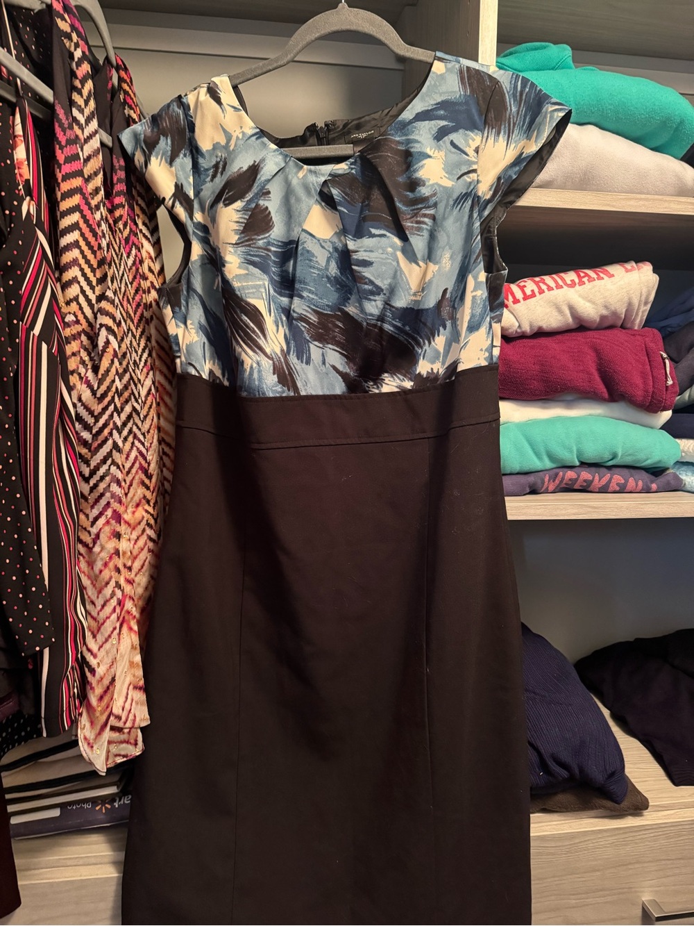 Ann Taylor Blue Floral Bodice Black Sheath Dress